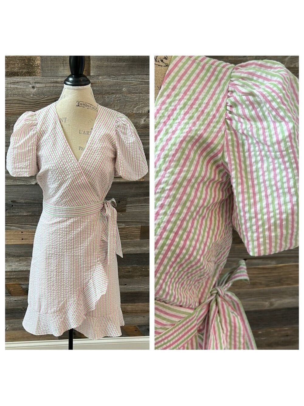 Draper James White Asymmetrical Stripe Ruffled Wrap Dress Size Medium